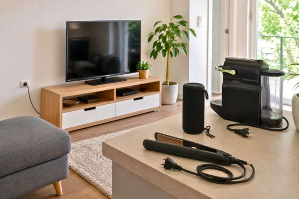 Appareils électriques à débrancher dans un salon avant un départ.