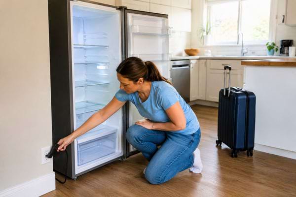 Femme débranchant un réfrigérateur vide avant les vacances.