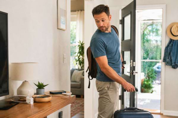 Homme quittant la maison avec sa valise avant un départ.