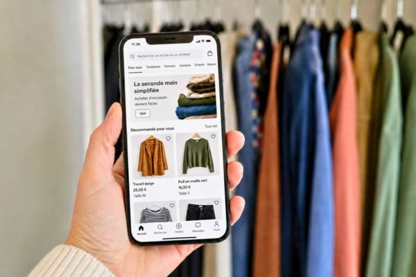une main tenant un smartphone affichant une application de seconde main