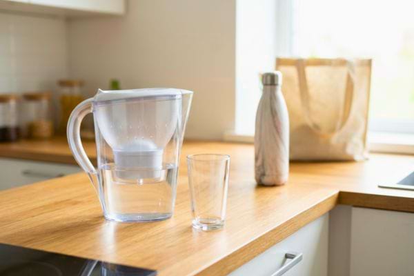Carafe filtrante et verre d’eau posés sur un plan de cuisine