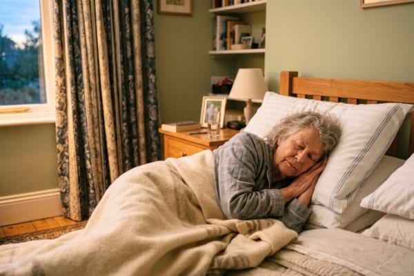 une personne &acirc;g&eacute;e endormie paisiblement dans un lit confortable, la t&ecirc;te reposant sur des oreillers moelleux.