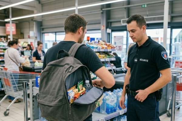 Un client de dos, ouvrant son sac à dos cabas devant un agent de sécurité