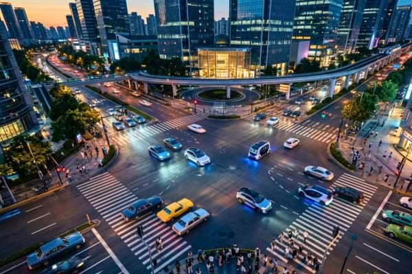 un carrefour urbain moderne vu de haut au cr&eacute;puscule. On y voit un m&eacute;lange harmonieux de voitures