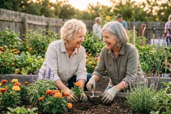 deux femmes &acirc;g&eacute;es travaillant joyeusement ensemble dans un potager communautaire