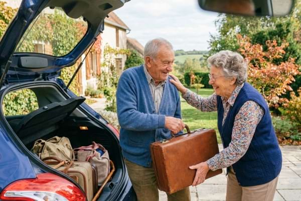 un couple de personnes âgées de plus de 80 ans, très complices, chargeant des bagages