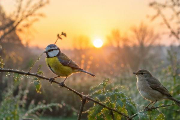 oiseau à l'aube avec de la rosée