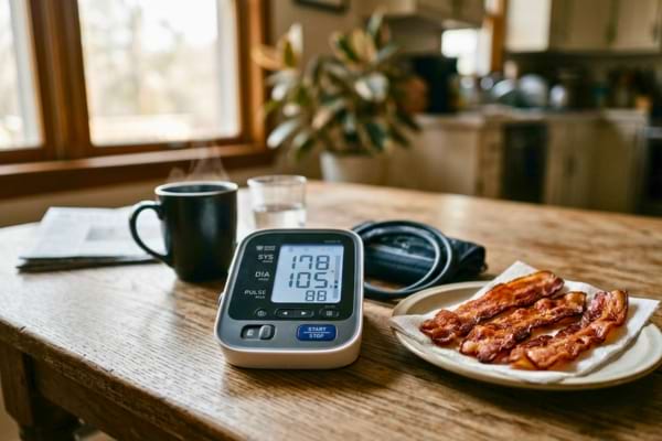 un tensiomètre médical moderne, à côté d'une assiette contenant des tranches de bacon