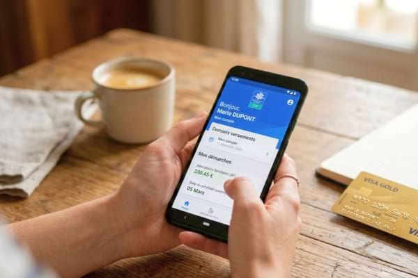 un smartphone affichant l'application de la CAF, avec une carte bancaire dorée