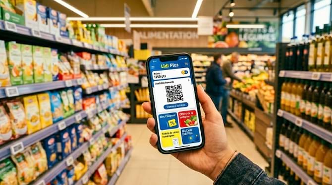 'une personne tenant un smartphone affichant une application de fidélité colorée