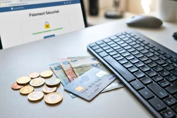 quelques pièces de monnaie et d'une carte bancaire posées près d'un clavier d'ordinateur,