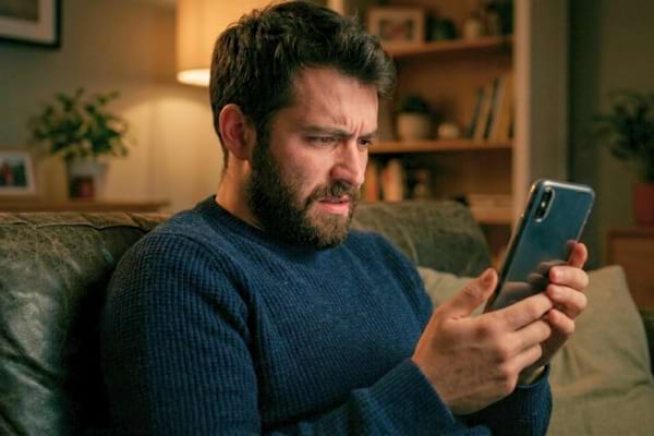 a stressed person looking at their glowing smartphone screen