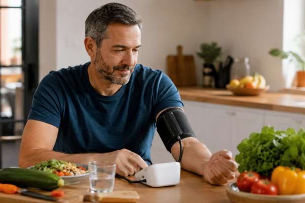 Homme contrôlant sa tension à table avec un repas sain et des légumes frais.