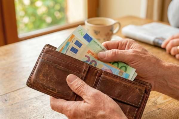 un portefeuille en cuir vieilli d'où dépassent quelques billets d'euros soigneusement pliés,