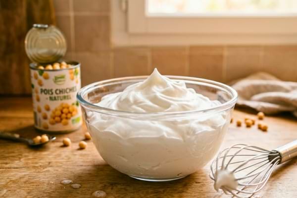 n bol en verre contenant de l'aquafaba fouetté (meringue d'eau de pois chiche) blanc