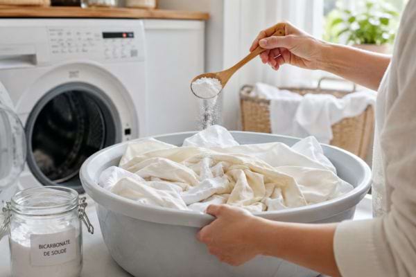 Du bicarbonate vers&eacute; sur du linge jauni dans une bassine.