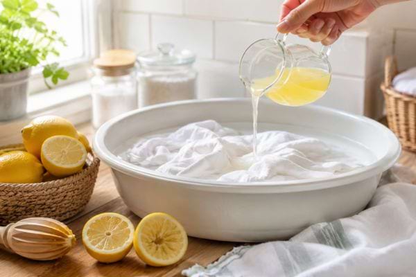 Du jus de citron vers&eacute; dans une bassine de linge blanc.