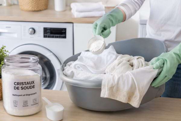 Des cristaux de soude ajout&eacute;s &agrave; du linge tr&egrave;s encrass&eacute;.
