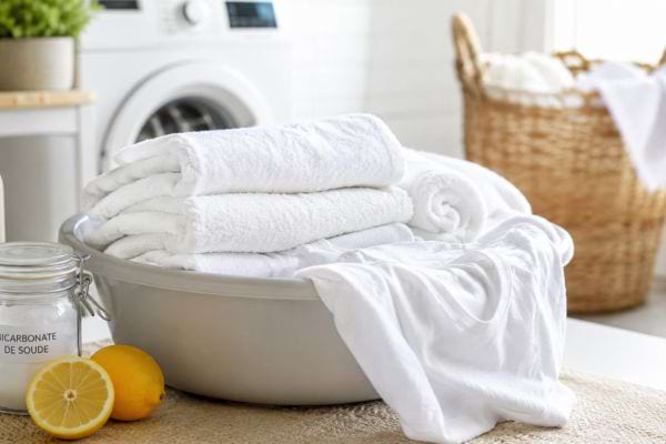 Du linge blanc &eacute;clatant dans une bassine avec citron et bicarbonate.