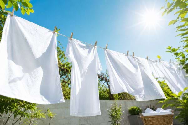 Du linge blanc qui s&egrave;che au soleil sur un fil &agrave; linge.