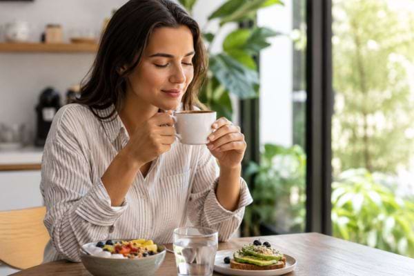 Homme buvant un café le matin dans une cuisine lumineuse, avec un petit-déjeuner équilibré.