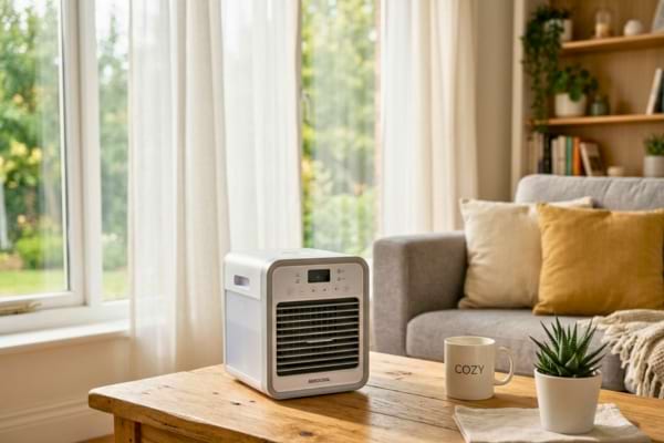 cube-shaped portable air cooler sitting on a modern wooden coffee table in a bright
