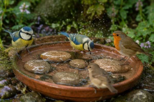 oiseaux qui boivent dans une gamelle d'eau