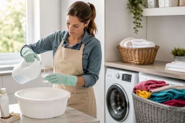 Javel manipulée avec gants près du linge coloré éloigné