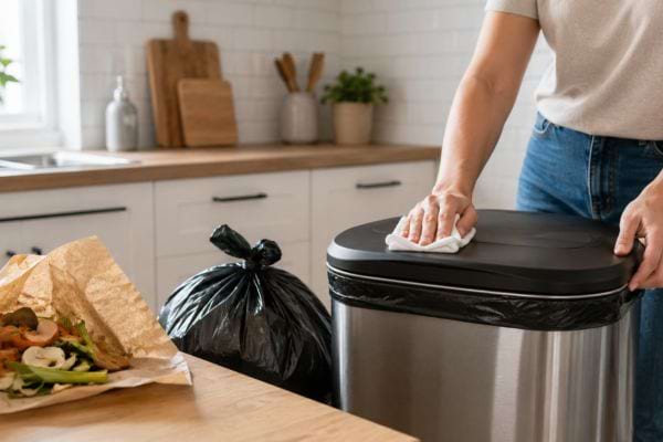 Nettoyage du couvercle de la poubelle avec d&eacute;chets emball&eacute;s &agrave; c&ocirc;t&eacute;