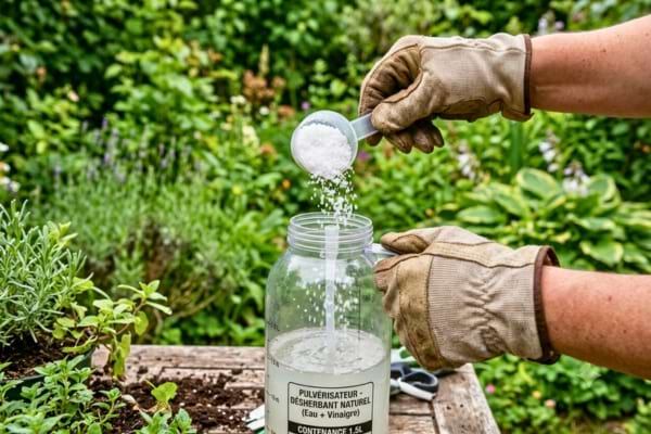 mains portant des gants de jardinage en train de verser du gros sel dans un pulv&eacute;risateur