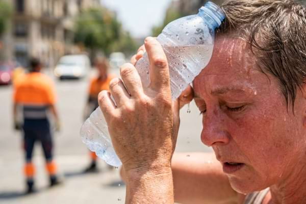 Une femme qui passe une bouteille d'eau fraiche sur sa t&ecirc;te en pleine canicule
