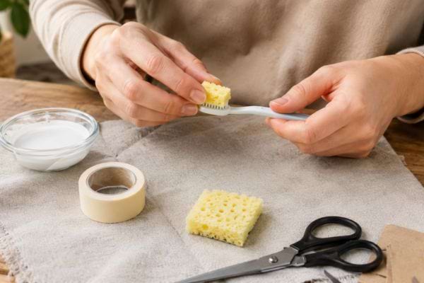 Fabrication d’un mini-applicateur avec une brosse à dents, une éponge et du ruban adhésif.