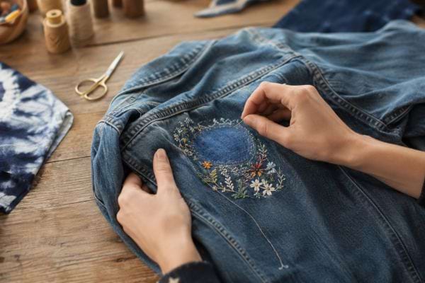 Veste en jean customisée avec une broderie décorative