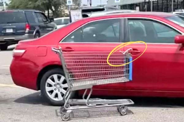 caddie attach&eacute; aux poign&eacute;es d'une voiture mal gar&eacute;e