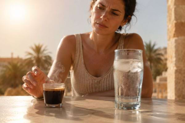 Femme h&eacute;sitant entre un caf&eacute; chaud et un grand verre d&rsquo;eau en pleine canicule