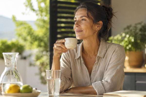 Femme buvant un caf&eacute; avec un verre d&rsquo;eau &agrave; c&ocirc;t&eacute; dans une cuisine d&rsquo;&eacute;t&eacute; lumineuse