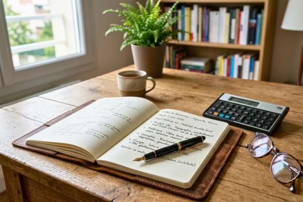 un beau carnet de notes en cuir ouvert avec un stylo plume élégant posé dessus