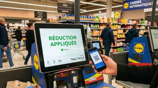 'une main scannant un smartphone sur une caisse automatique moderne.
