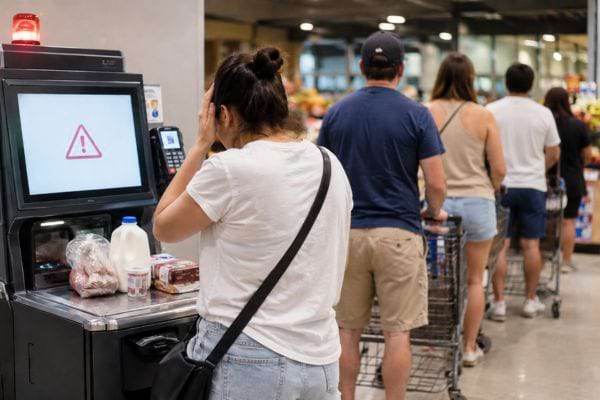 Cliente bloqu&eacute;e devant une caisse automatique avec une file derri&egrave;re elle
