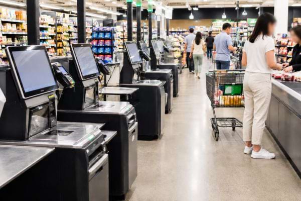 Caisses automatiques vides face &agrave; une caisse traditionnelle occup&eacute;e
