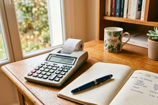 Une calculatrice de bureau pos&eacute;e &agrave; c&ocirc;t&eacute; d'un carnet de notes ouvert