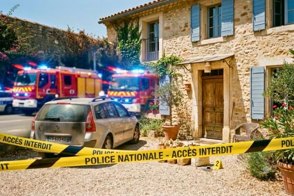un ruban de police jaune barrant l'accès à une rue résidentielle, avec des gyrophares de pompiers