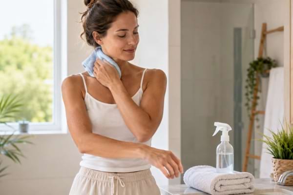 Femme se rafraîchissant la nuque avec un gant humide en été