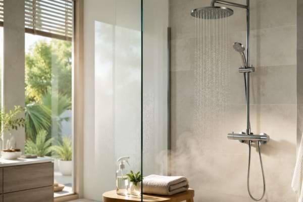 Salle de bain embuée par une douche chaude pendant une journée de canicule