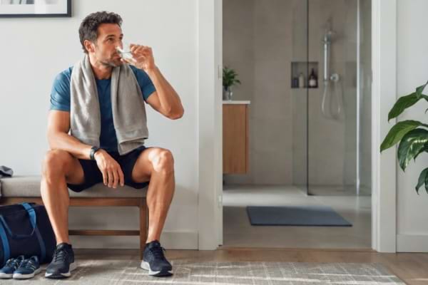 Homme en tenue de sport buvant de l’eau avant de prendre une douche