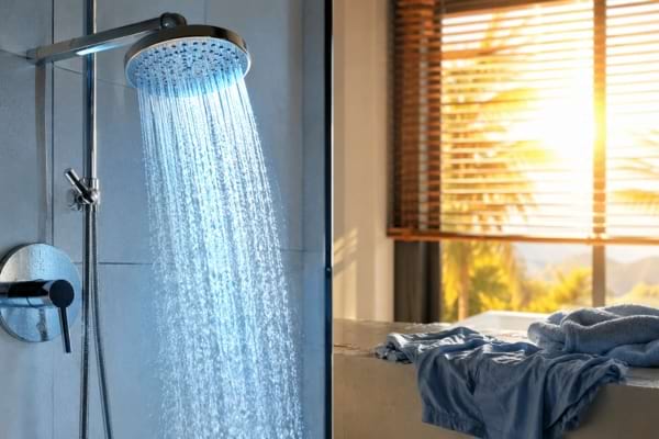 Douche tiede qui coule dans une salle de bain chaude en pleine canicule
