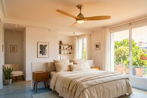 Une chambre à coucher chaleureuse avec un ventilateur de plafond en rotation