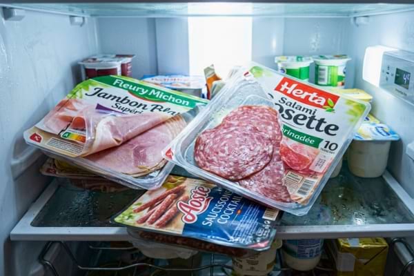 plusieurs emballages plastiques entamés contenant de la charcuterie industrielle,