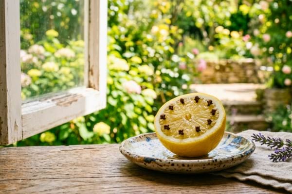 demi-citron jaune fraîchement coupé, piqué d'une dizaine de clous de girofle,