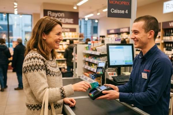 un &eacute;change complice et souriant entre un client et un caissier